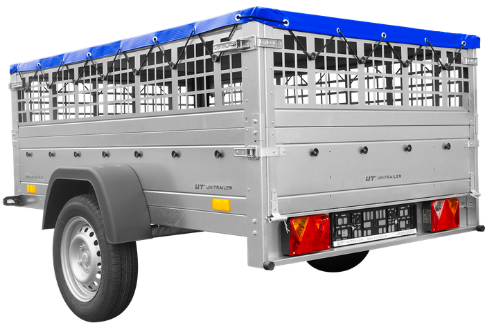 Jednonápravový přívěs 200x125 UNITRAILER GARDEN 201 KIPP s pletivovými bočnicemi, rámem H-0 a modrou plachtou