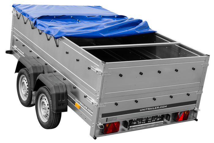 Dvounápravový přívěs 264x150 UNITRAILER GARDEN 265/2 KIPP s bočnicemi BIS, rámem H-0 a modrým krytem