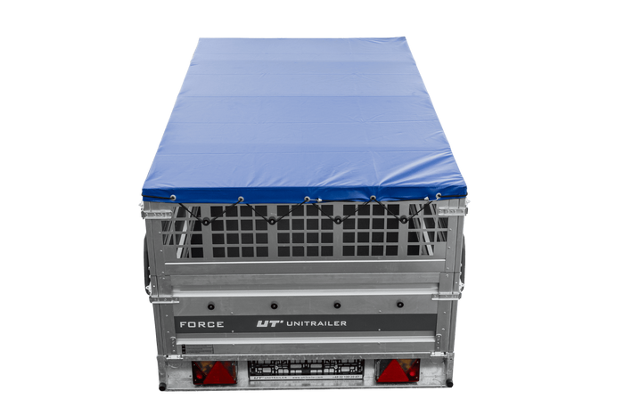 Jednonápravový přívěs 230x125 UNITRAILER FORCE 230 KIPP s pletivovými bočnicemi, rámem H-0 a modrým krytem