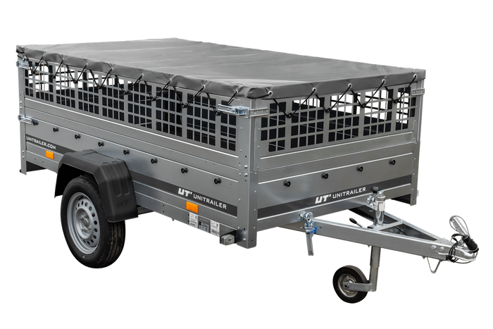 Přívěs za auto 230x125 UNITRAILER GARDEN 230 KIPP s pletivovými bočnicemi a šedou plachtou