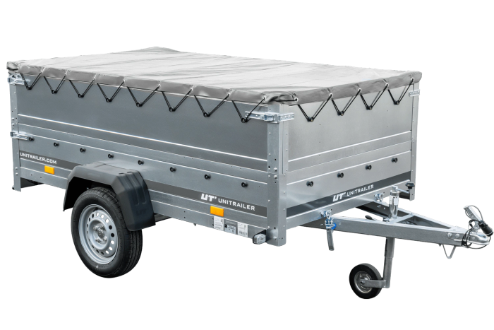 Přívěs za auto na pružinách 230x125 UNITRAILER GARDEN 230/R KIPP s bočnicemi BIS, rámem H-0 a šedým krytem