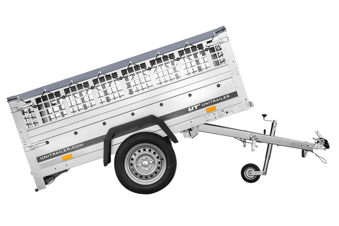 Jednonápravový přívěs 200x106 UNITRAILER GARDEN 200 KIPP s pletivovými bočnicemi a šedou plachtou