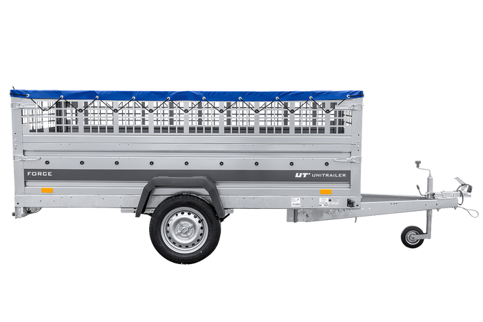 Jednonápravový přívěs na pružinách 264x125 UNITRAILER FORCE 264/R KIPP s pletivovými bočnicemi, rámem H-0 a modrou plachtou
