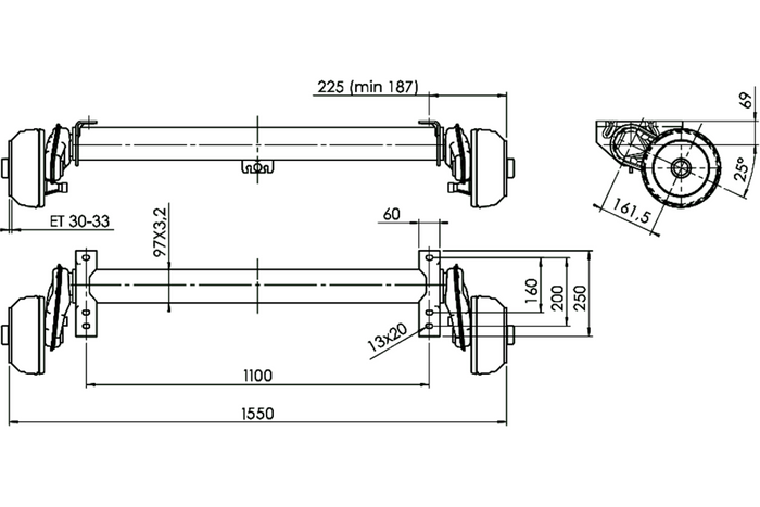Brzděná náprava AL-KO COMPACT pro přívěs/nosič 1350 kg 1100 mm 1550 mm 5x112
