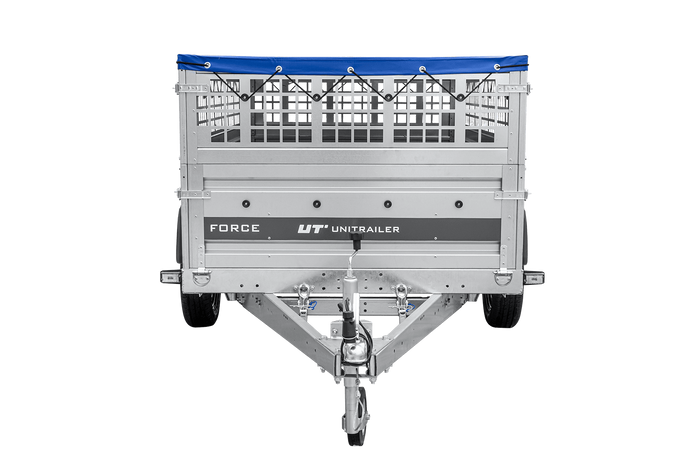 Lehký přívěs na pružinách 230x125 UNITRAILER FORCE 230/R KIPP s pletivovými bočnicemi, rámem H-0 a modrým krytem