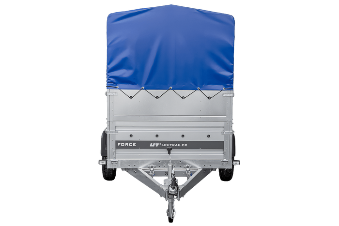 Jednonápravový přívěs na pružinách 230x125 UNITRAILER FORCE 230/R KIPP s bočnicemi BIS, rámem H-800 a modrým krytem