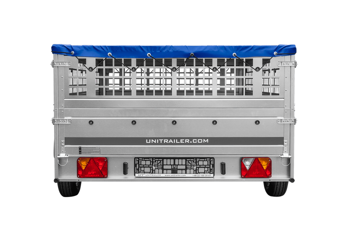 Lehký přívěs na pružinách 264x150 UNITRAILER GARDEN 265/R KIPP s pletivovými bočnicemi, rámem H-0 a modrým krytem