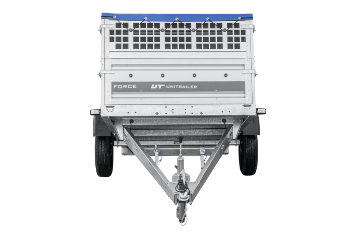 Jednonápravový přívěs 230x125 UNITRAILER FORCE 230 KIPP s pletivovými bočnicemi, rámem H-0 a modrým krytem