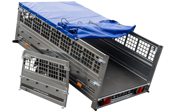 Přívěs za auto 230x125 UNITRAILER GARDEN 230 KIPP s bočnicemi ze síťoviny a modrou plachtou