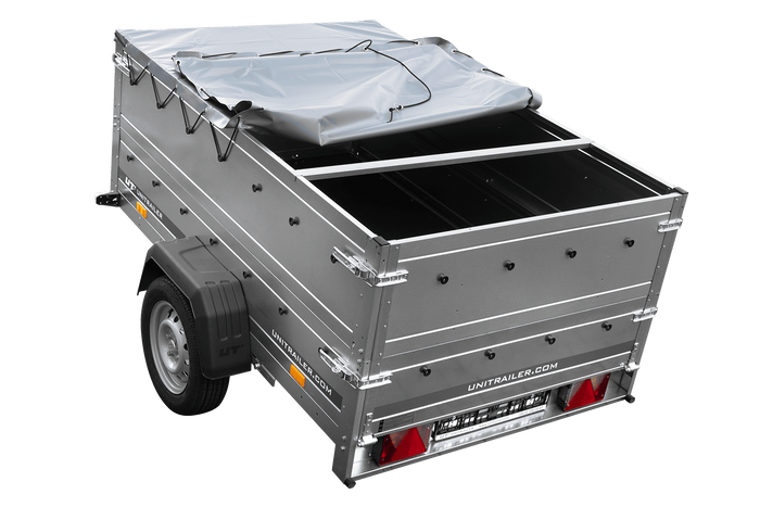 Lehký přívěs na pružinách 200x125 UNITRAILER GARDEN 201/R KIPP s bočnicemi BIS, rámem H-0 a šedou plachtou