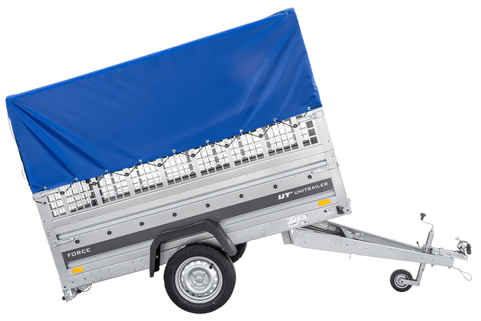 Jednonápravový přívěs 230x125 UNITRAILER FORCE 230 KIPP s pletivovými bočnicemi, rámem H-0 a modrým krytem