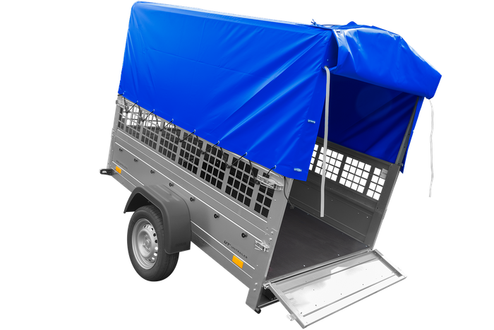 Přívěs za auto 200x125 UNITRAILER GARDEN 201 KIPP s pletivovými bočnicemi, rámem H-800 a šedou plachtou