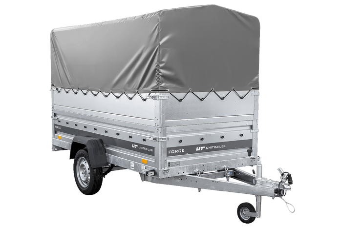Přívěs za auto 264x125 UNITRAILER FORCE 264 KIPP s bočnicemi BIS, rámem H-800 a šedou plachtou