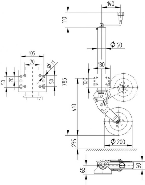 Automatické opěrné kolo KNOTT ATK60 s rukojetí 250 kg 60 mm 785-1020 mm