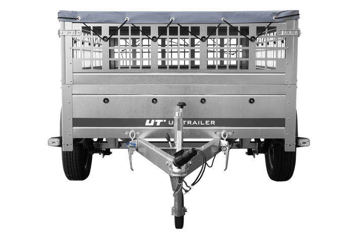 Přívěs za auto na pružinách 200x125 UNITRAILER GARDEN 201/R KIPP s pletivovými bočnicemi, rámem H-0 a šedým krytem