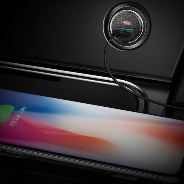 BASEUS Kruhová plastová nabíječka do auta USB-A, USB-C 30W