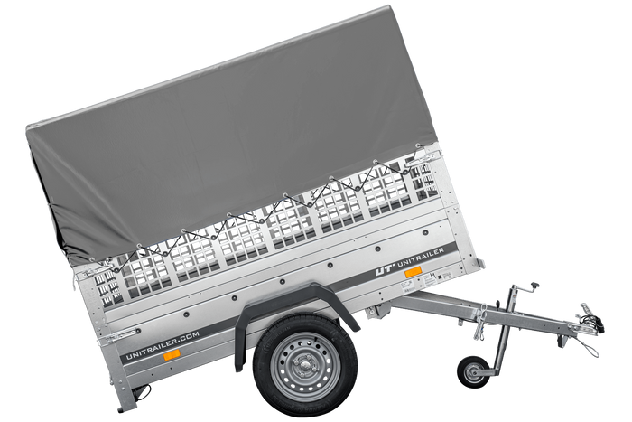 Přívěs za auto 200x106 UNITRAILER GARDEN 200 KIPP s pletivovými bočnicemi, rámem H-800 a šedým krytem