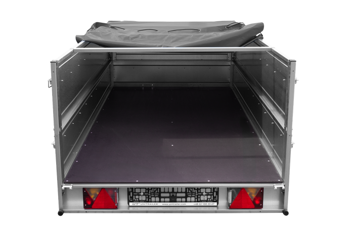 Jednonápravový přívěs na pružinách 264x125 UNITRAILER GARDEN 264/R KIPP s bočnicemi BIS, rámem H-0 a šedou plachtou