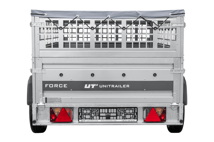 Lehký přívěs na pružinách 230x125 UNITRAILER FORCE 230/R KIPP s pletivovými bočnicemi, rámem H-0 a šedým krytem