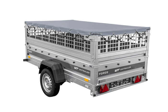 Lehký přívěs na pružinách 230x125 UNITRAILER FORCE 230/R KIPP s pletivovými bočnicemi, rámem H-0 a šedým krytem