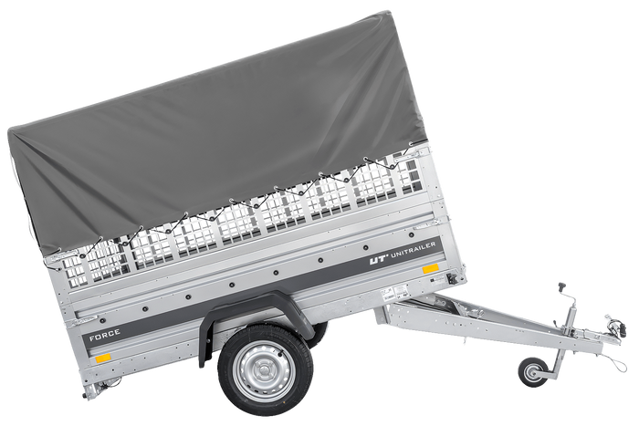 Jednonápravový přívěs 230x125 UNITRAILER FORCE 230 KIPP s pletivovými bočnicemi, rámem H-800 a šedým krytem