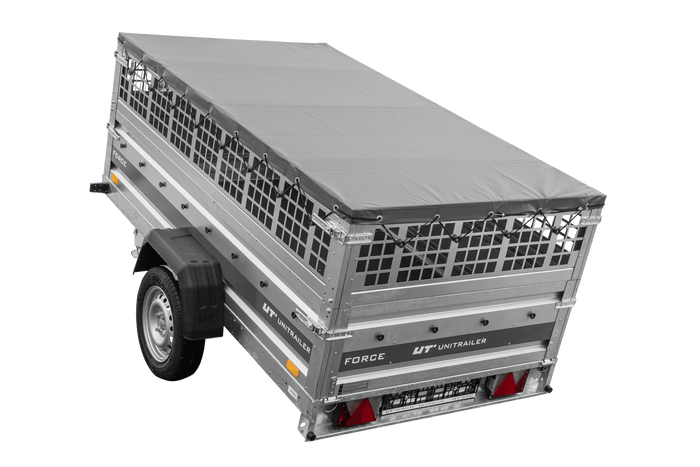 Jednonápravový přívěs 230x125 UNITRAILER FORCE 230 KIPP s pletivovými bočnicemi, rámem H-0 a šedým krytem