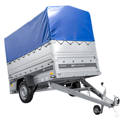 Jednonápravový přívěs na pružinách 230x125 UNITRAILER FORCE 230/R KIPP s bočnicemi BIS, rámem H-800 a modrým krytem