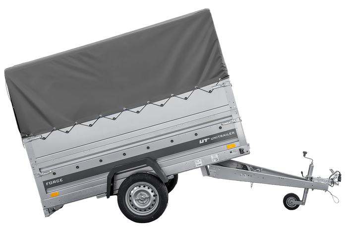 Jednonápravový přívěs na pružinách 230x125 UNITRAILER FORCE 230/R KIPP s bočnicemi BIS, rámem H-800 a šedým krytem