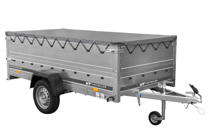 Jednonápravový přívěs na pružinách 264x125 UNITRAILER GARDEN 264/R KIPP s bočnicemi BIS, rámem H-0 a šedou plachtou
