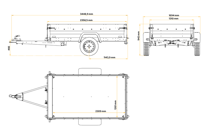 Jednonápravový přívěs 230x125 UNITRAILER FORCE 230 KIPP s rámem H-800 a modrým krytem