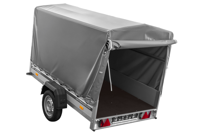 Přívěs za auto s hliníkovými bočnicemi 230x125 Unitrailer Garden 230 KIPP ALU s rámem H1100 a šedým krytem