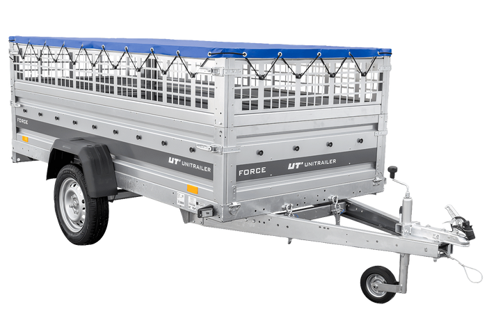 Jednonápravový přívěs 264x125 UNITRAILER FORCE 264 KIPP s pletivovými bočnicemi, rámem H-0 a modrým krytem