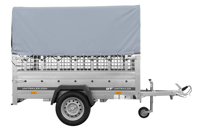 Jednonápravový přívěs na pružinách 200x125 UNITRAILER GARDEN 201/R KIPP s pletivovými bočnicemi, rámem H-800 a šedým krytem