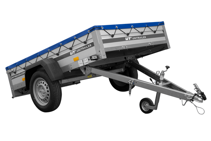 Jednonápravový přívěs s hliníkovými bočnicemi 200x125 Unitrailer Garden 201 KIPP ALU s rámem H-0 a modrým krytem