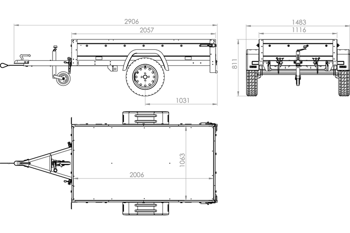 Přívěs pro auto 200x106 UNITRAILER GARDEN 200 KIPP s rámem H-800 a šedou plachtou