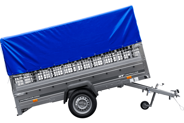 Přívěs za auto 264x150 UNITRAILER GARDEN 265 KIPP s pletivovými bočnicemi, rámem H-800 a modrým krytem