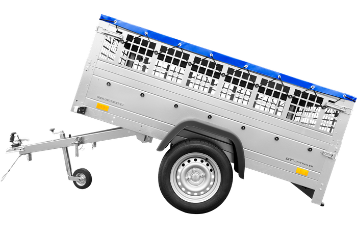 Jednonápravový přívěs 200x125 UNITRAILER GARDEN 201 KIPP s pletivovými bočnicemi, rámem H-0 a modrou plachtou