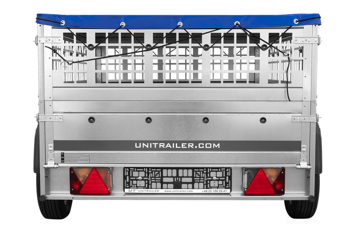 Přívěs za auto na pružinách 200x125 UNITRAILER GARDEN 201/R KIPP s pletivovými bočnicemi, rámem H-0 a modrým krytem