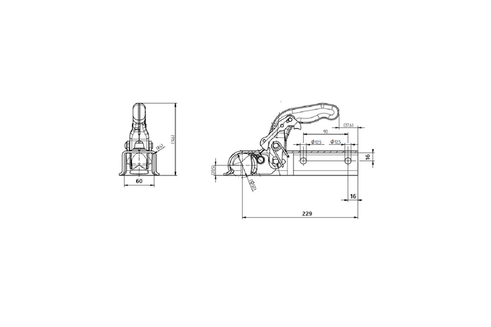 Kulové tažné zařízení KNOTT KQ14-B pro přívěs o hmotnosti 1400 kg s čtvercovou ojí o rozměru 60 mm