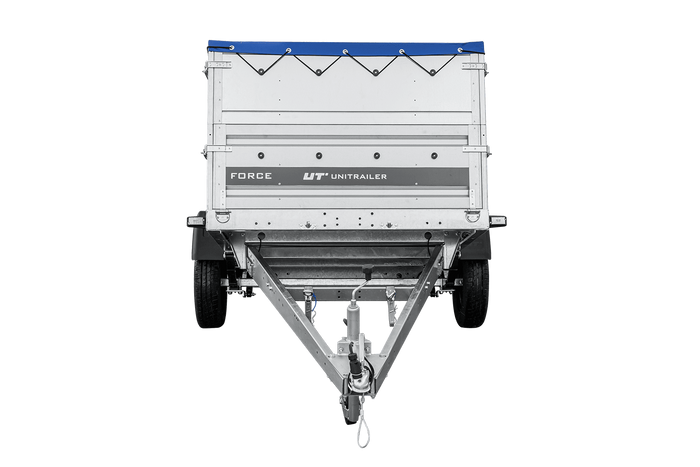 Přívěs za auto na pružinách 230x125 UNITRAILER FORCE 230/R KIPP s bočnicemi BIS, rámem H-0 a modrým krytem