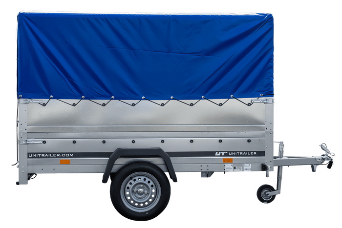 Lehký přívěs 230x125 UNITRAILER GARDEN 230 KIPP s bočnicemi BIS, rámem H-800 a modrým krytem