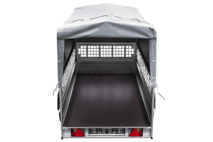 Přívěs pro auto 264x125 UNITRAILER GARDEN 264 KIPP s pletivovými bočnicemi, rámem H-800 a šedým krytem