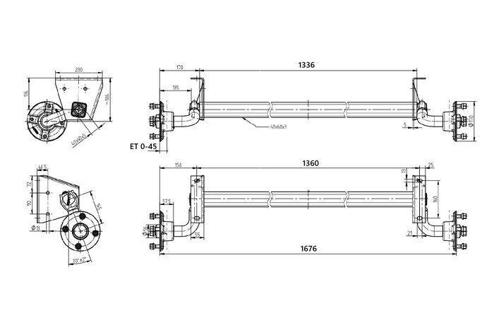 Nebrzděná náprava KNOTT VG7-L pro přívěs 750 kg 1360 mm 1676 mm 4x130
