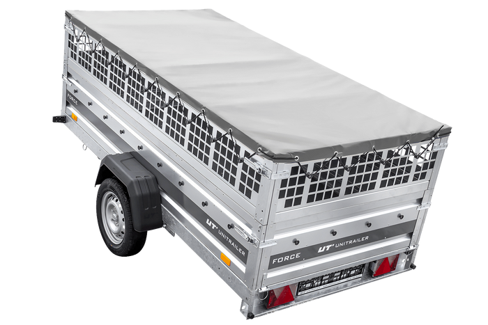 Jednonápravový přívěs na pružinách 264x125 UNITRAILER FORCE 264/R KIPP s pletivovými bočnicemi, rámem H-0 a šedou plachtou