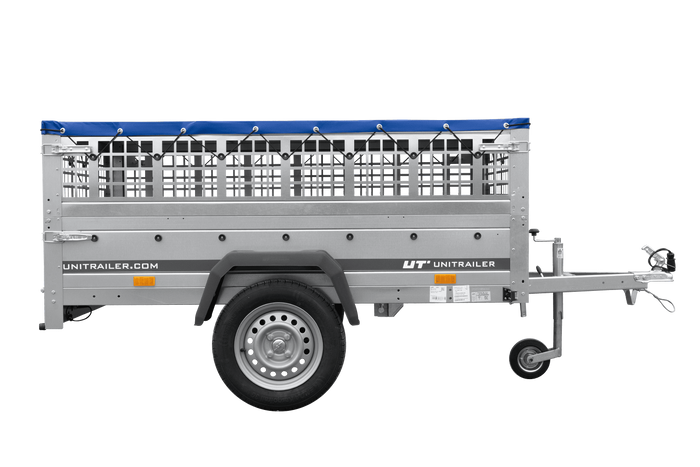 Jednonápravový přívěs 200x125 UNITRAILER GARDEN 201 KIPP s pletivovými bočnicemi, rámem H-0 a modrou plachtou