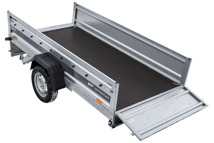 Lehký přívěs na pružinách 264x125 UNITRAILER FORCE 264/R KIPP s bočnicemi BIS, rámem H-800 a modrým krytem
