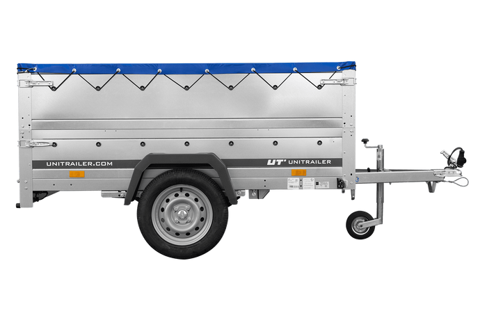 Lehký přívěs na pružinách 200x125 UNITRAILER GARDEN 201/R KIPP s bočnicemi BIS, rámem H-0 a modrou plachtou