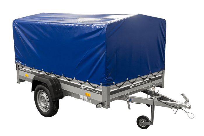 Jednonápravový přívěs s hliníkovými bočnicemi 230x125 Unitrailer Garden 230 KIPP ALU s rámem H-800 a modrým krytem